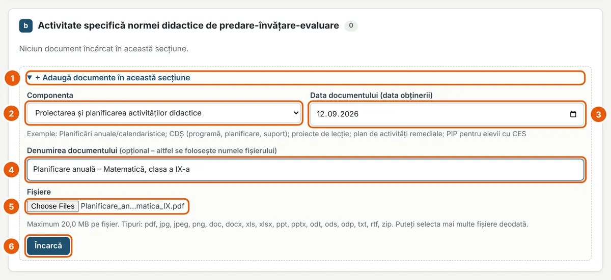 Adăugarea unui document: componenta, data documentului, denumirea și fișierele