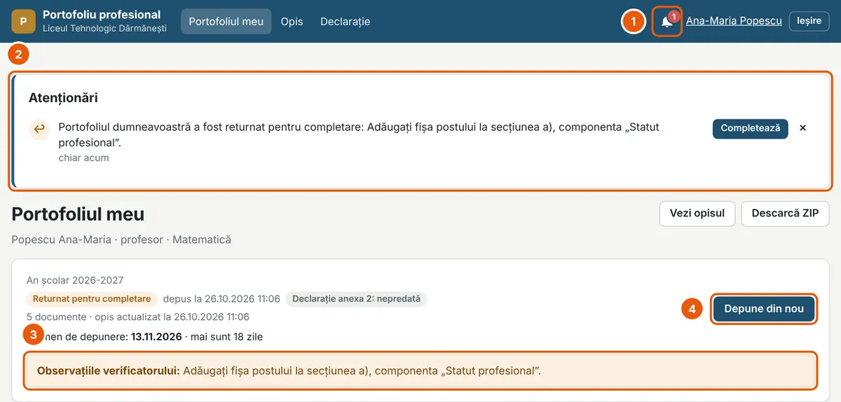 Un portofoliu returnat pentru completare, cu observațiile verificatorului
